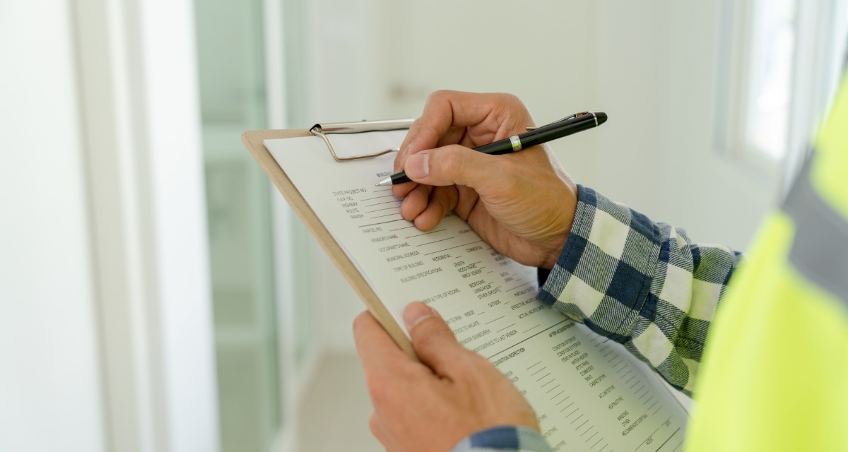 A close-up of a man standing, holding a clipboard with one hand while filling out a form with the other inside a room.