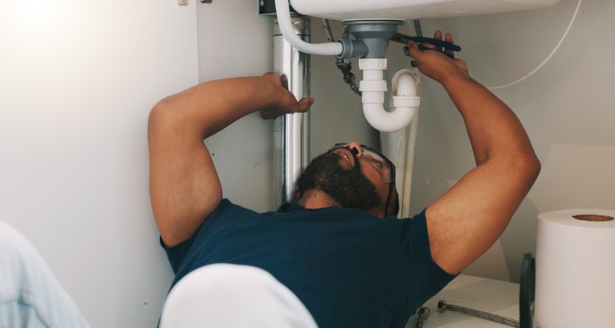 A worker wearing a polo shirt and protection glasses, holding a small wrench next to a tube under a white sink.