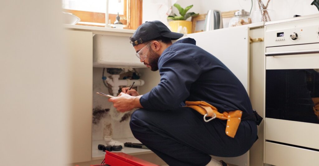 A man wearing a full-body blue uniform kneeling next to the kitchen sink while writing something down on a notepad.